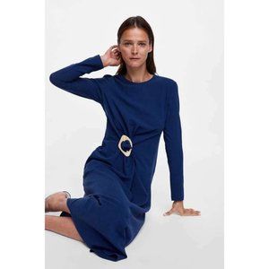 ZARA DRAPED MIDI DRESS LONG SLEEVE BLUISH